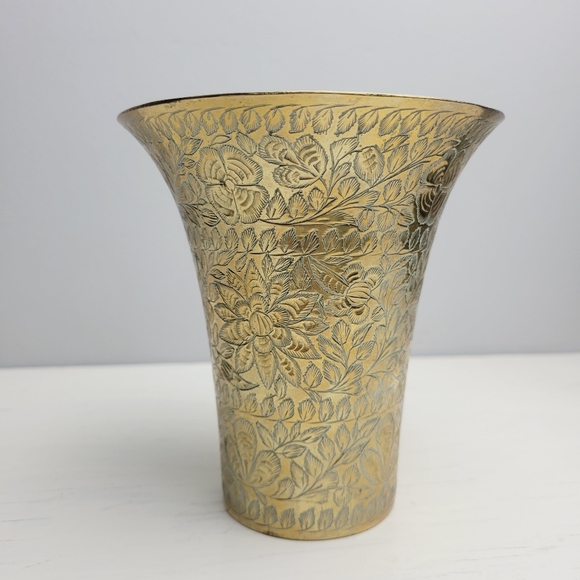 Etched Solid Brass Vintage Vase with Engraved Floral Designs 5.25" - Picture 13 of 15